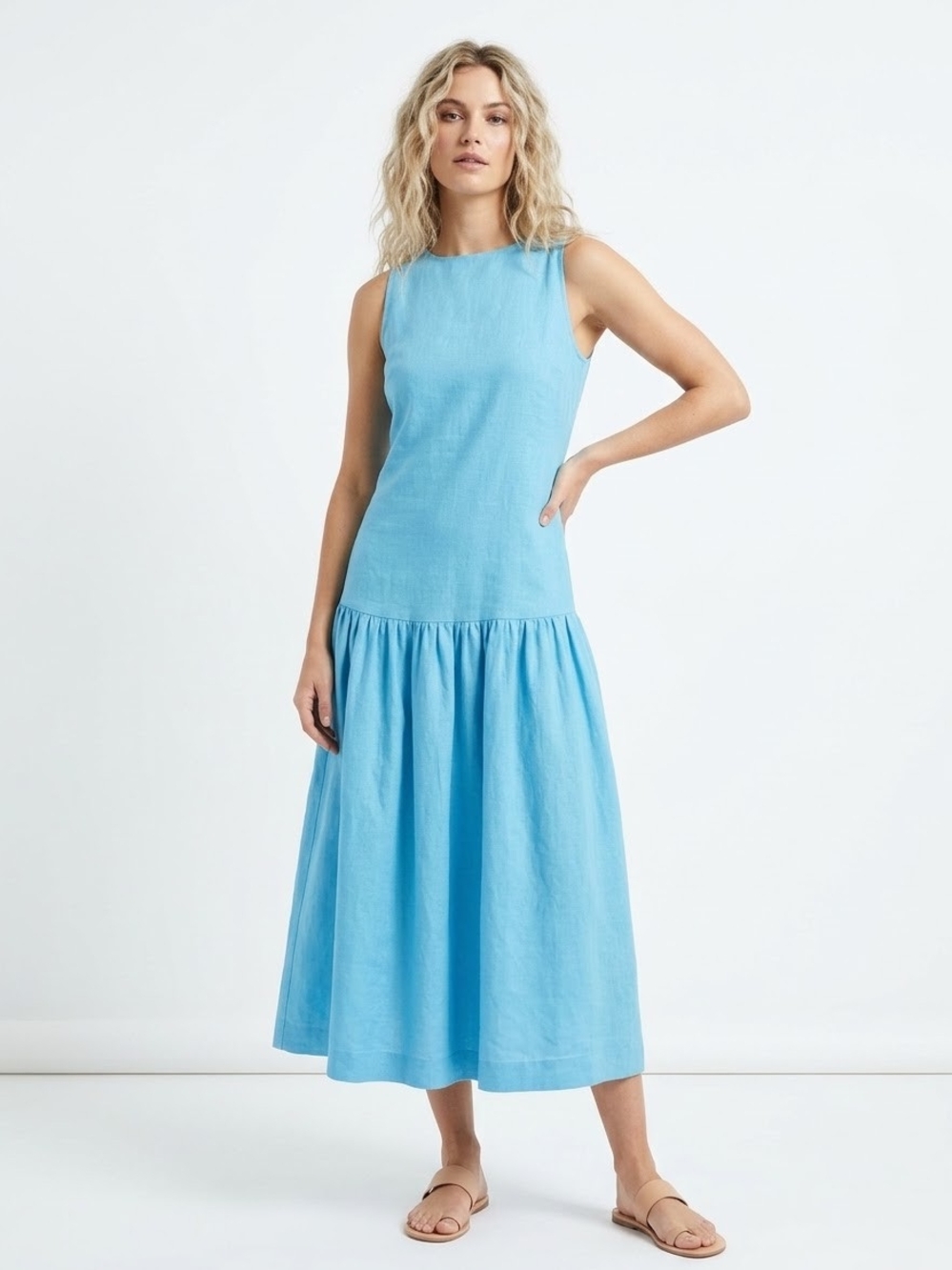 NEXT $50 Sleeveless Drop Waist Crew Neck Midi Dress Teal Blue Relaxed Fit NWT
